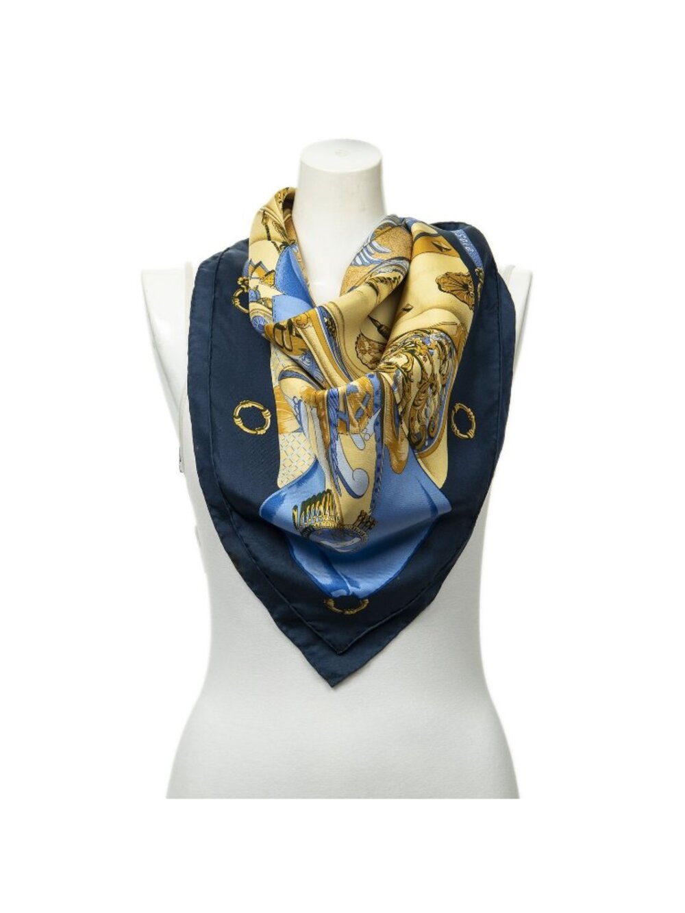 Hermes Scarf Navy Gold Brown Twill Silk